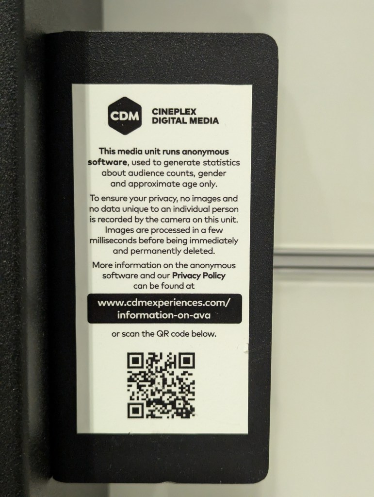 Privacy notice attached to digital signage by Cineplex Digital Media.